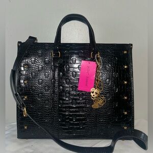 NEW! NWT BETSEY JOHNSON Large Skull Embossed Croc XOMATTIE Tote Bag Black